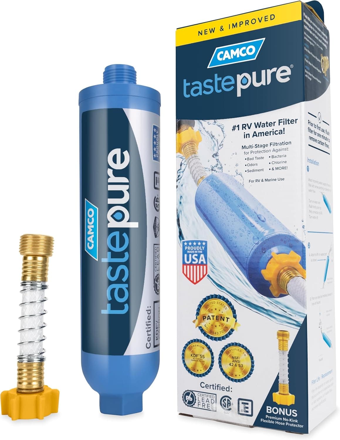 Camco TastePURE RV Water Filter, GAC and KDF Filtration, Made in USA, with Flexible Hose Protector (40043)