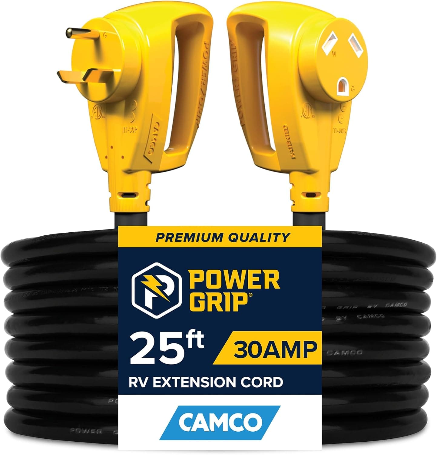 Camco Power Grip 25-Ft 30 Amp RV Extension Cord, Male to Female NEMA TT-30P to TT-30R, 125V/3750W, 10-Gauge Copper (55191)