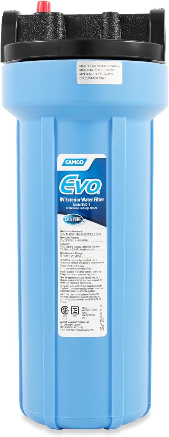 Camco Evo RV Water Filter, Granulated Activated Carbon for Bacteria Control, Replaceable Spun Polypropylene Cartridge (40631)