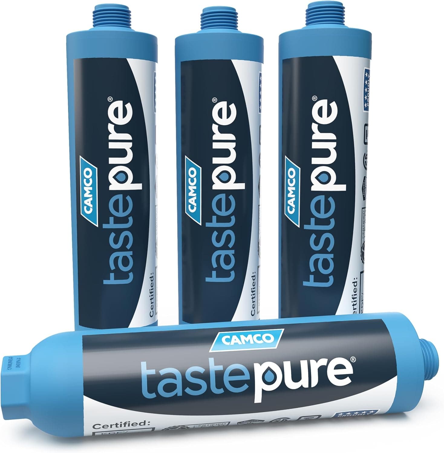 Camco TastePURE Camper/RV Water Filter, Inline, Reduces Bad Taste, Odor, Chlorine and Sediment, Made in USA, 4-Pack (40042)