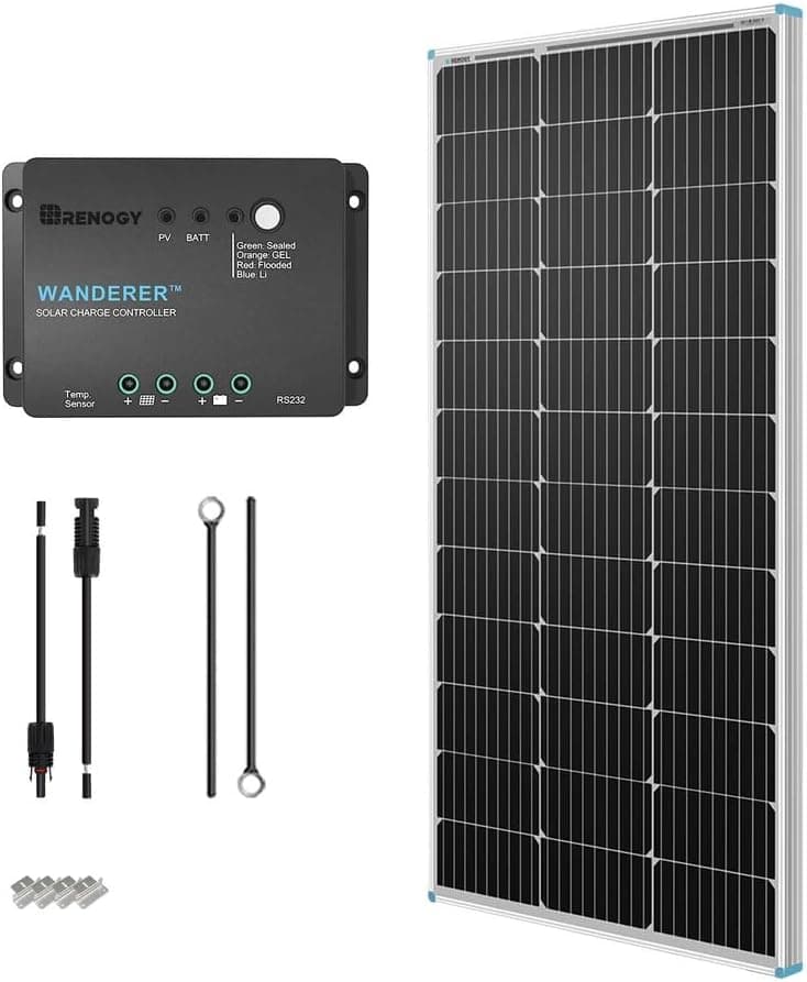 Renogy 100W 12V Solar Panel Starter Kit 100 Watt Monocrystalline with 30A LCD PWM Controller, Adaptor Kit, Tray Cables, Z Brackets