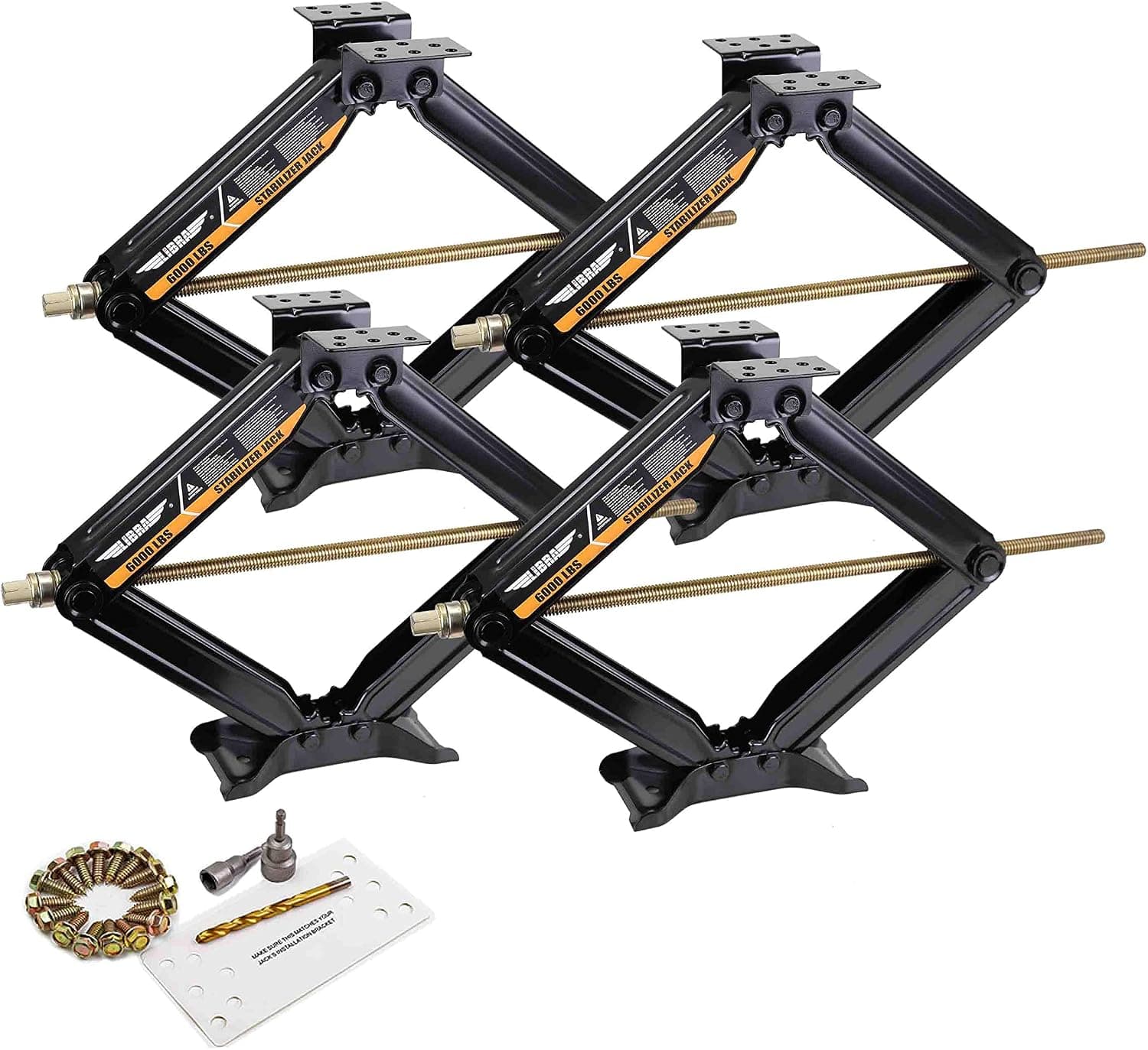 LIBRA Set of 4 24" 6000lbs RV Trailer Camper Stabilizer Leveling Scissor Jacks w/Dual Power Drill Sockets & Mounting Hardware Set
