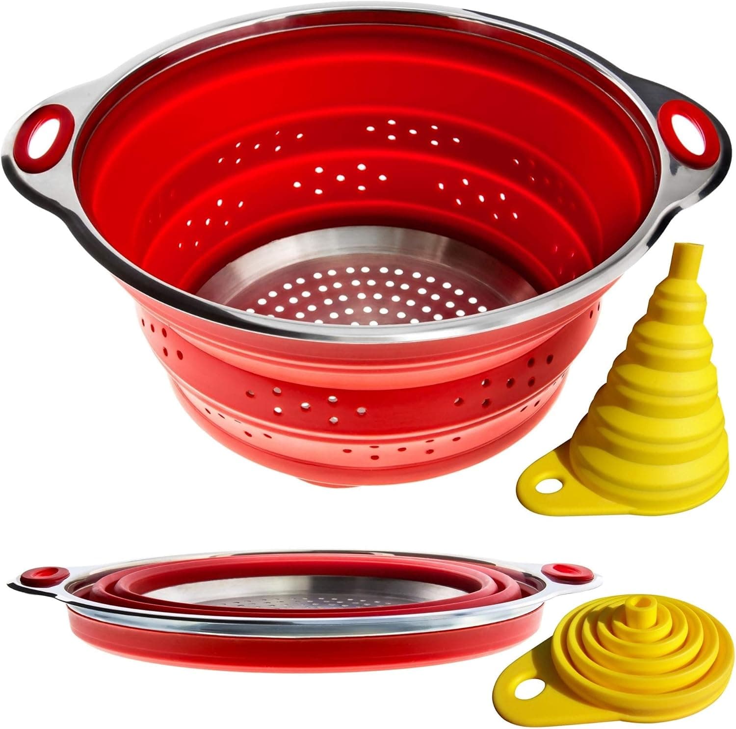 Collapsible Colander and Funnel Combo, Stainless Steel Meets Red Silicone, RV Accessories for Camper, Motorhome, Travel Trailer, Boat, Small Kitchen