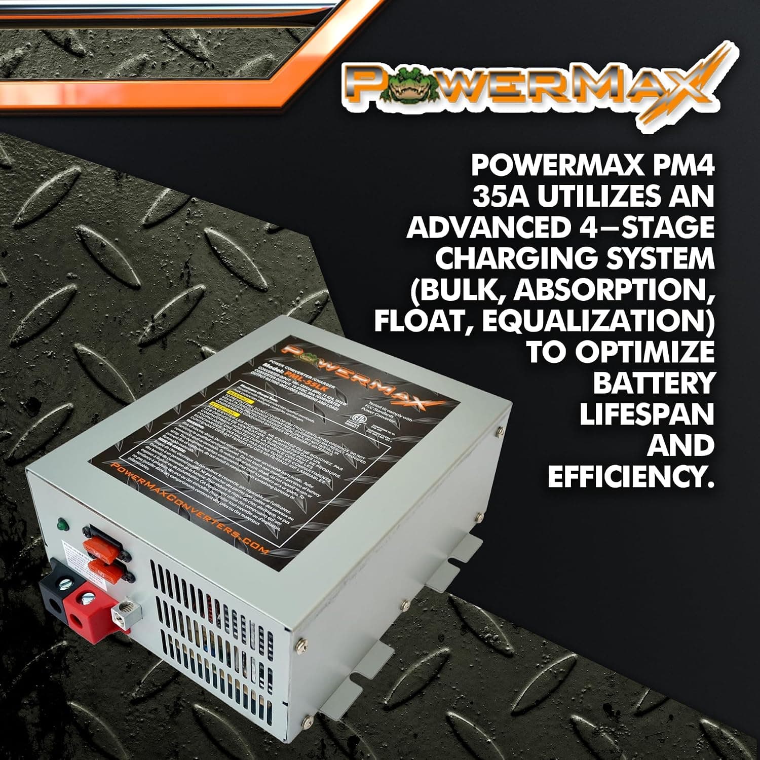 PowerMax PM4-35A 35 Amp RV Power Converter Charger, 12V Smart 4-Stage Battery Charger, 110V AC to 12V DC, Adjustable 13-16.5V Output, Lithium Compatible
