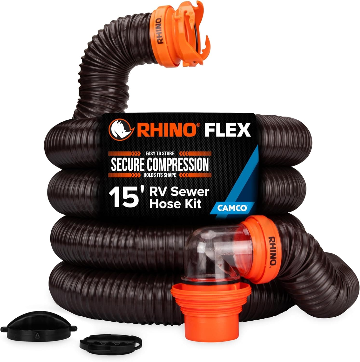 Camco RhinoFLEX 15-Ft Complete RV Sewer Hose Kit, Clear Elbow with Sewer Adapter and 360 Swivel Fittings (39770)