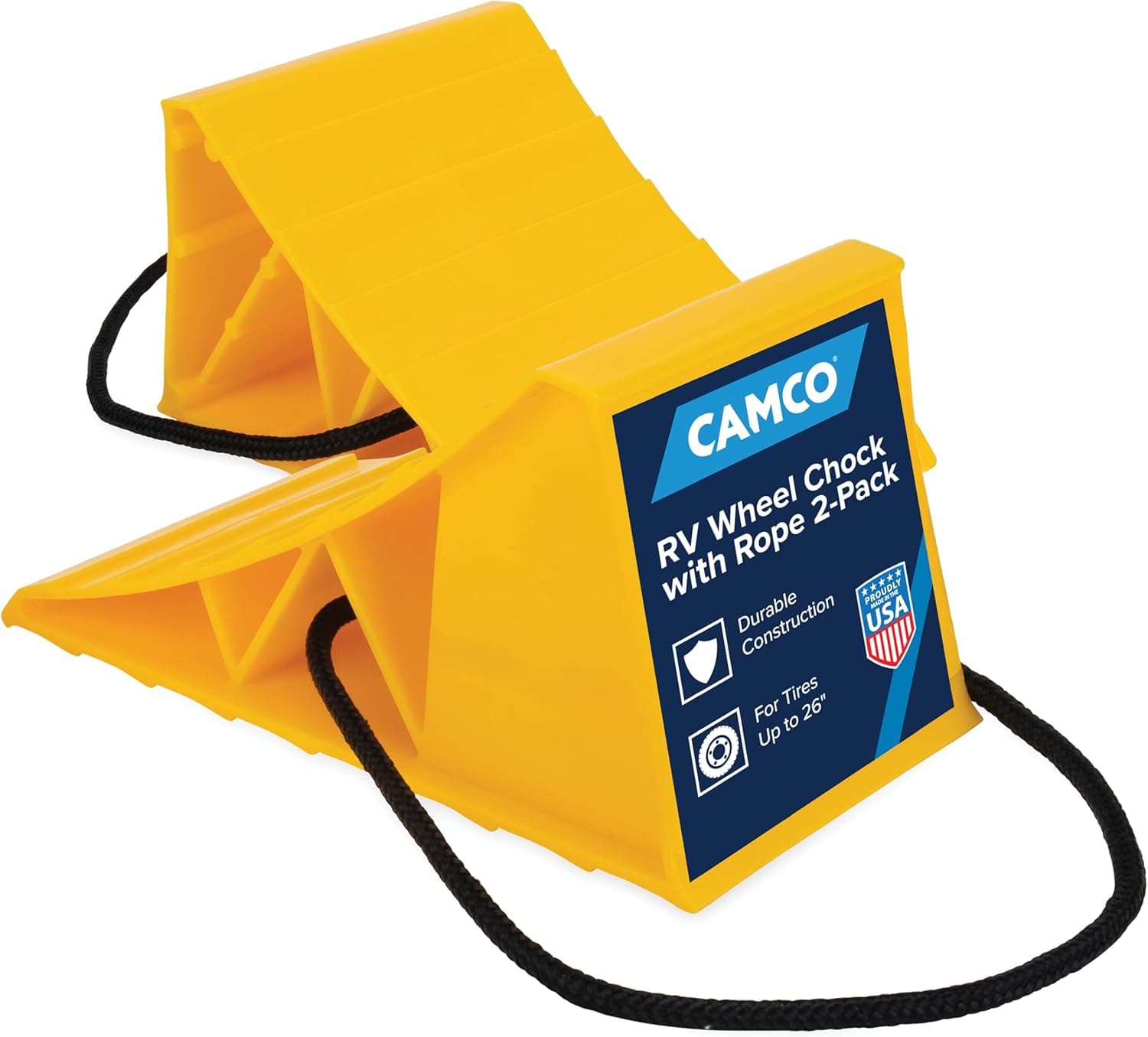 Camco Camper and RV Wheel Chock with Rope, Compatible with Wheels Up to 26" in Diameter, Heavy-Duty Hard Plastic, 2-Pack (44471)