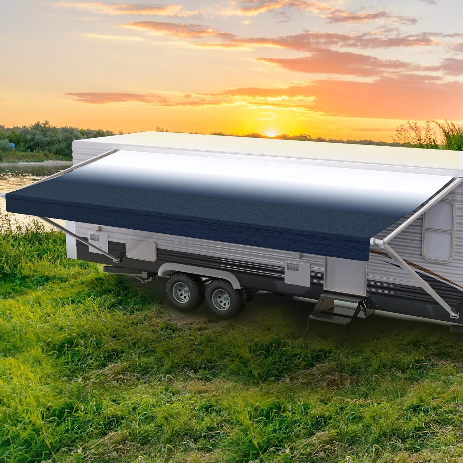 Shade Pro RV Awning Fabric Replacement, Durable Premium Grade Vinyl 16' (Fabric 15'2"), Slate Blue Fade