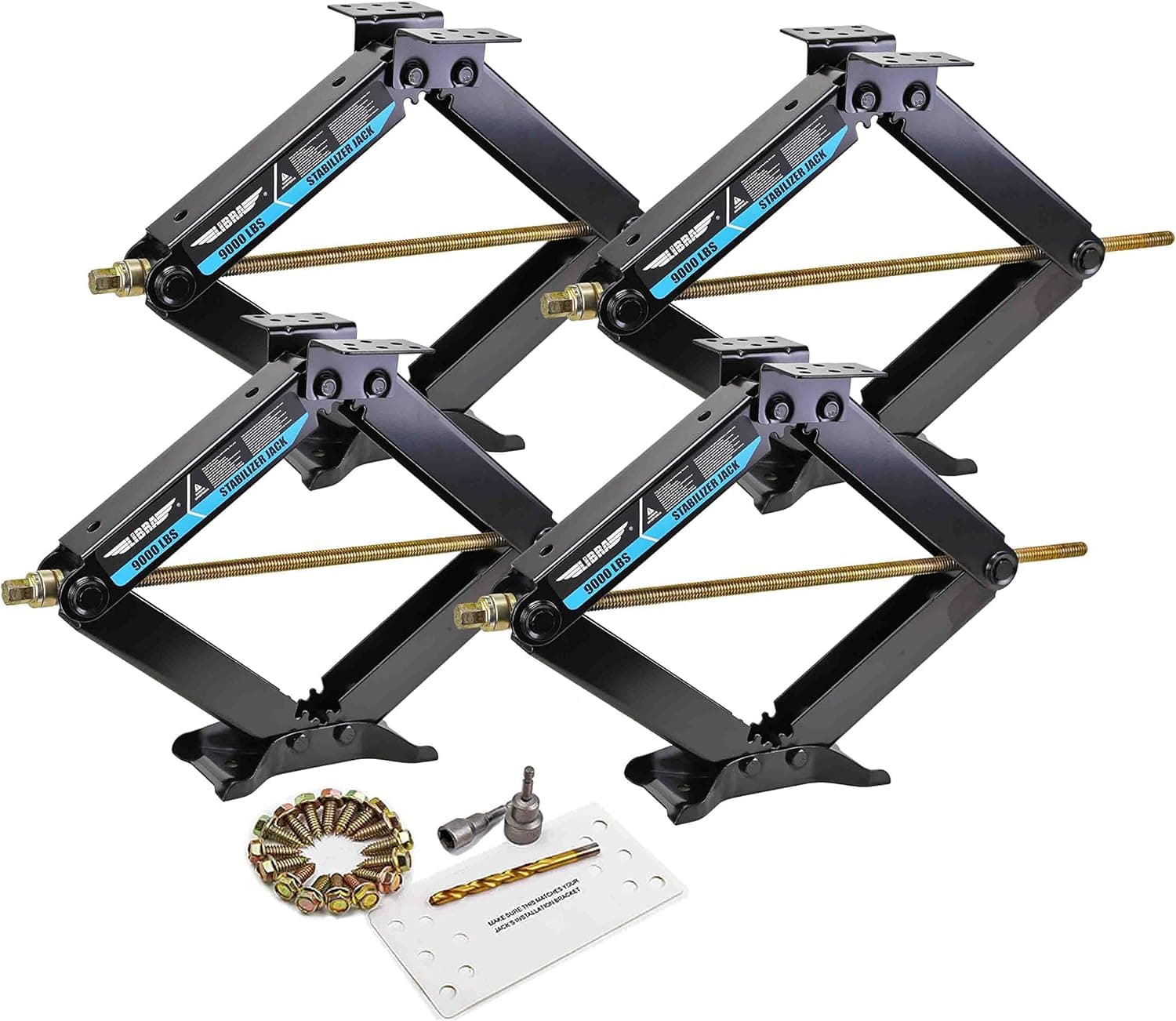 LIBRA Set of 4 9K lb Heavy Duty 24" RV Trailer Camper Stabilizer Leveling Scissor Jacks w/Dual Power Drill Sockets & Complete Set of Mounting Hardware - Model# 26098