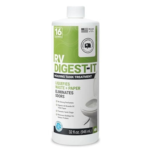 Unique RV Digest-It Liquid RV Holding Tank Treatment, 32 oz | Controls odors & digests waste/toilet paper; 16 RV toilet treatments for routine black tank care & easier dumping