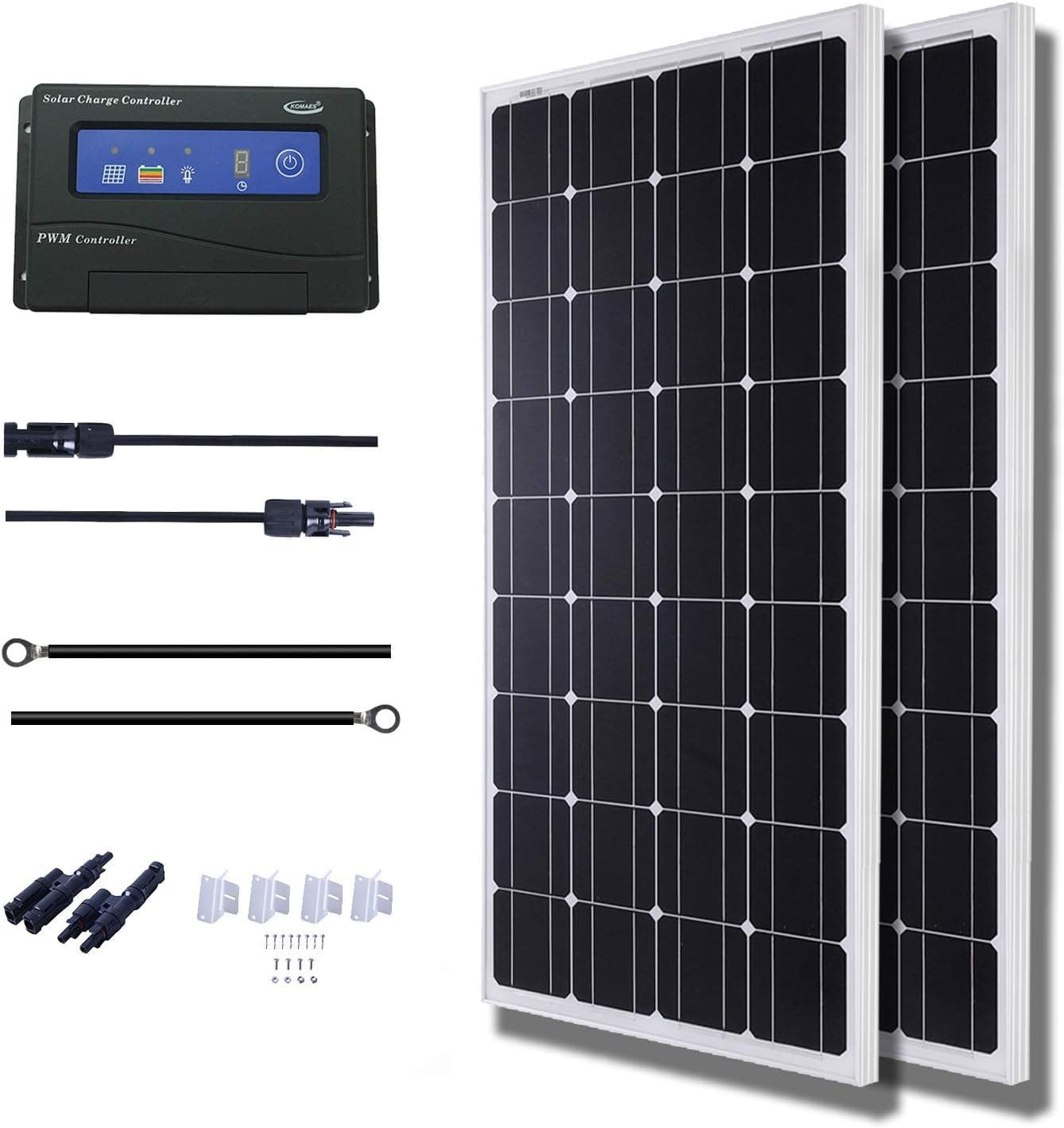 KOMAES 200 Watts 12Volts Monocrystalline Solar Panel Kit with 20Amp PWM Charge Controller, Tray Cable, MC4 Cable, Z Brackets
