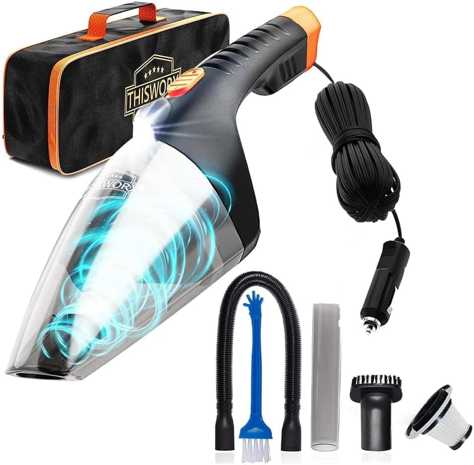 ThisWorx Car Vacuum Cleaner 2.0, Portable Handheld Mini Vacuum W/ 16ft Cord, LED Light, Bag & Attachments - Small Vac for RV, Boats, Travel
