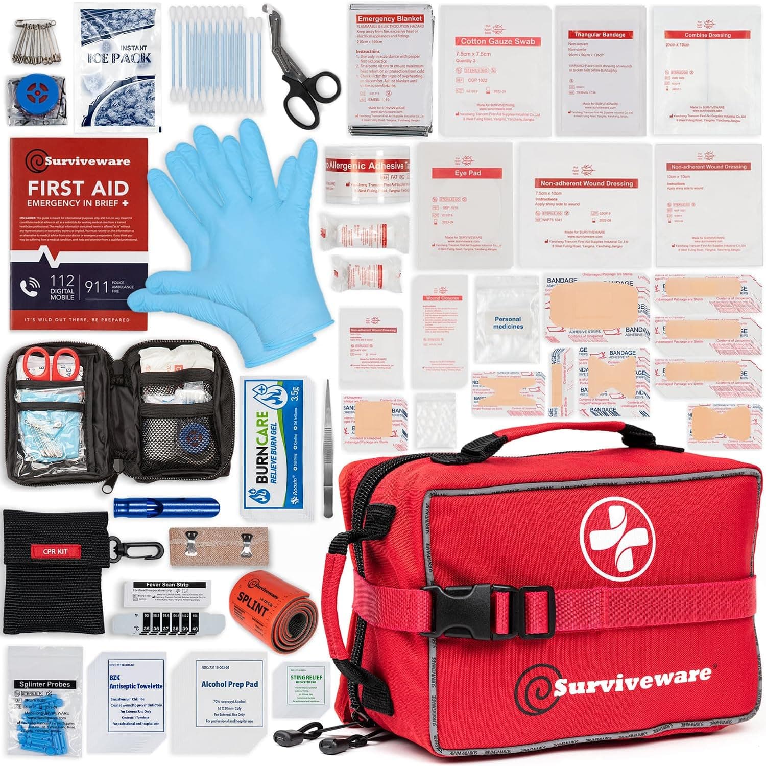 Surviveware 238 Pcs Comprehensive Premium Survival First Aid Kit - Medical Emergency Kit for Travel Camping Gear, Home Essentials & Outdoor Emergencies