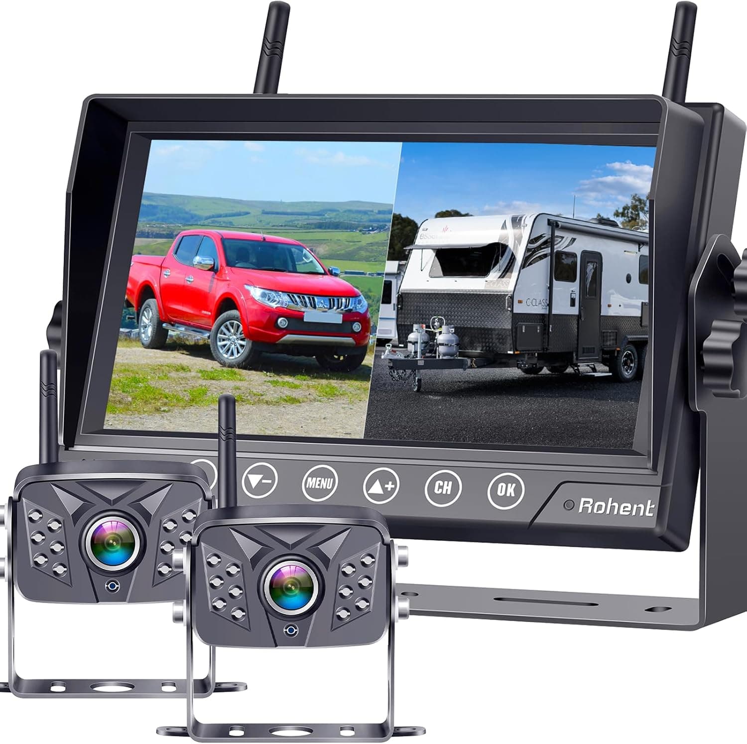 Rohent R8 RV Backup Camera Wireless HD1080P 2 Cameras with 7 Inch Touch Key DVR Monitor, Stable Digital Signals Rear View System IP69K Waterproof for Furrion Pre-Wired RVs