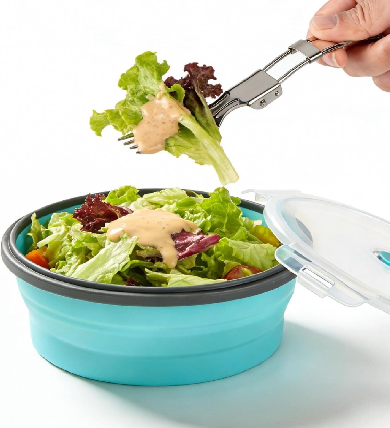 ColorCoral Collapsible Silicone Camping Bowl with Airtight Lid, Large 1200ml/42oz, Foldable Bowl for Travel RV, Leakproof, Microwave & Fridge Safe, Includes Stainless Steel Fork