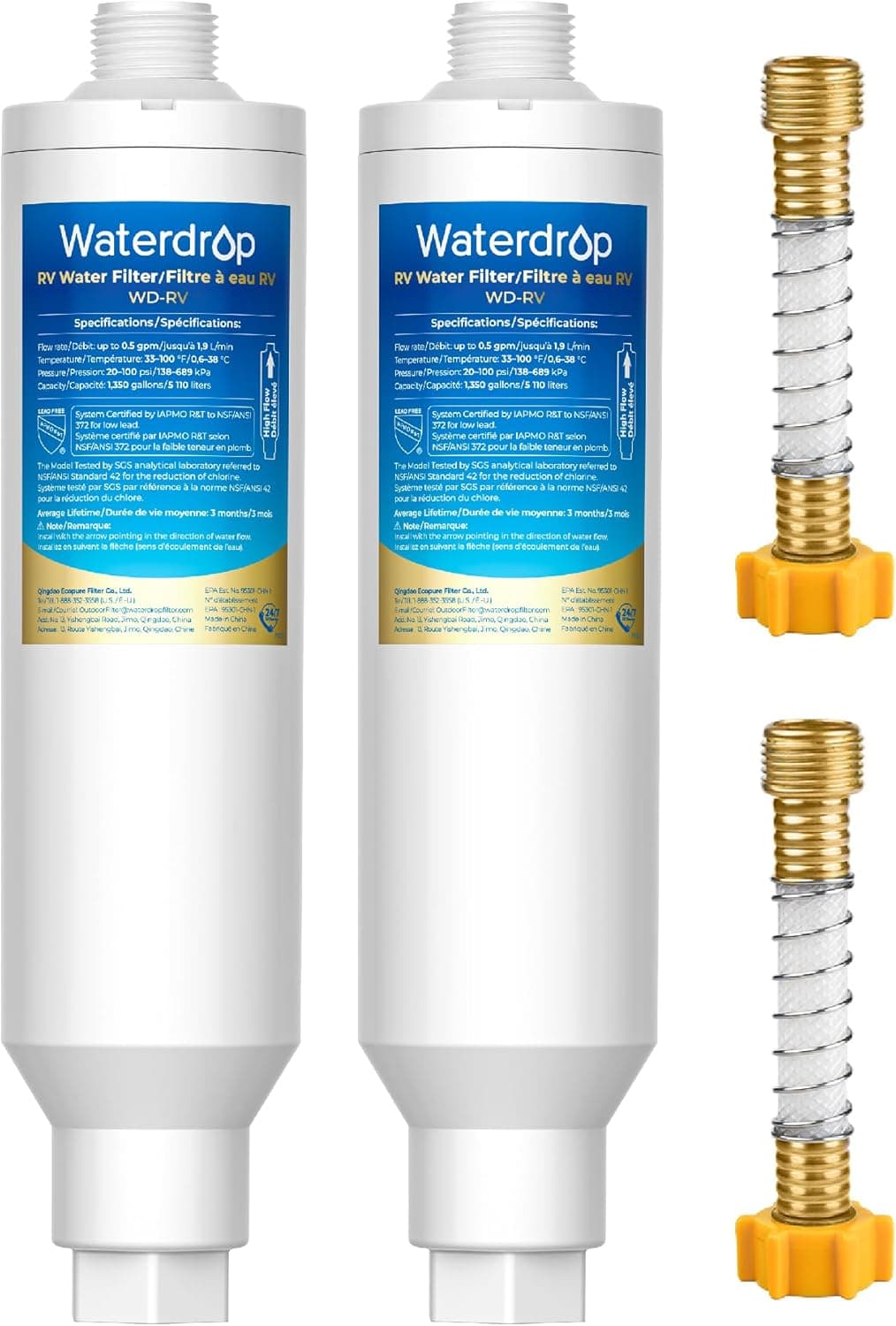 Waterdrop RV Water Filter, NSF Certified, Reduces Chlorine, Bad Taste, Odor, 2 Pack, Flexible Hose Protector