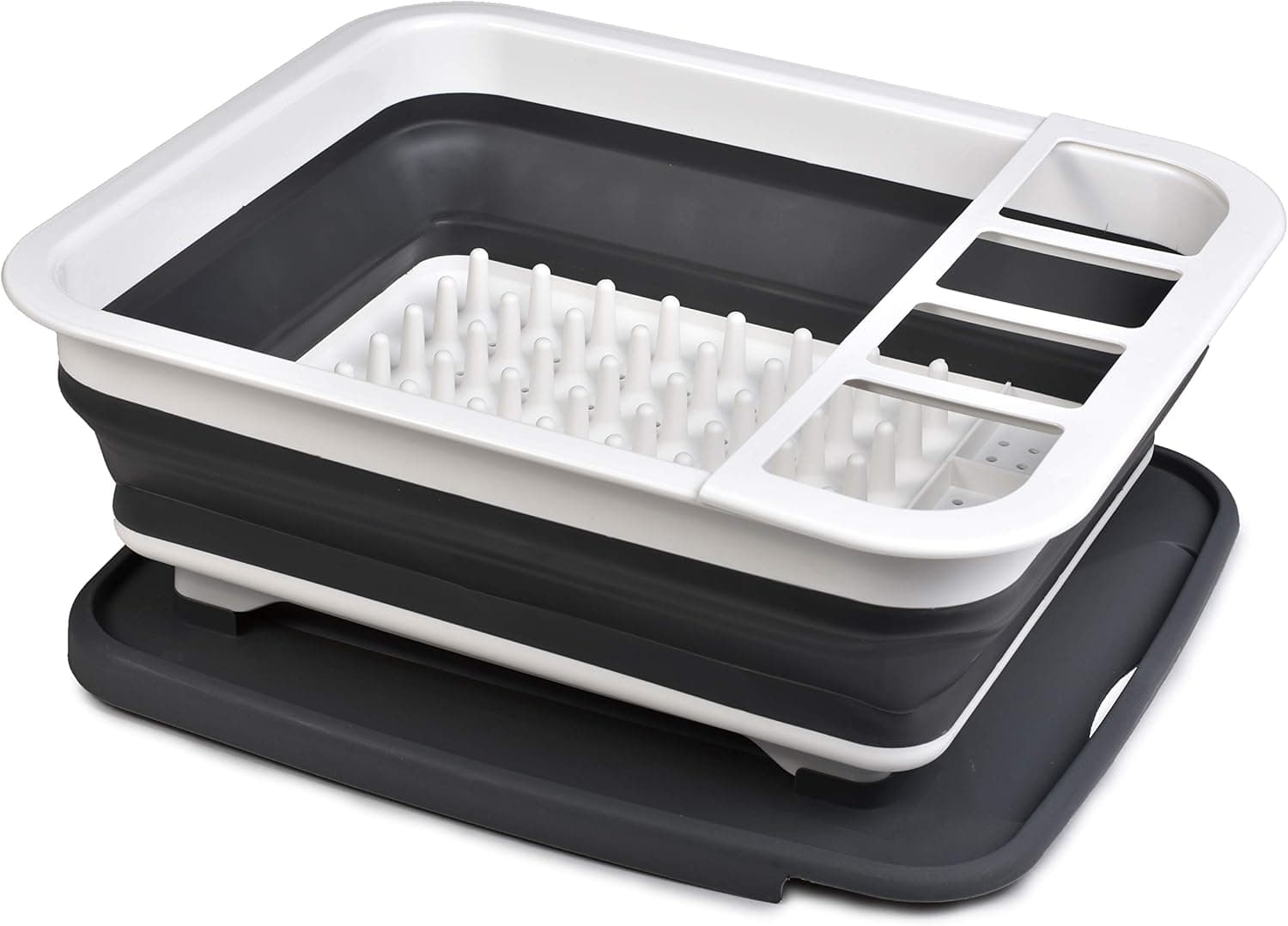 Masirs Pop-Up Collapsible Dish Drying Rack, Drains into Sink, Eight Large Plate Capacity, Sectional Cutlery and Utensil Compartment, Compact Portable