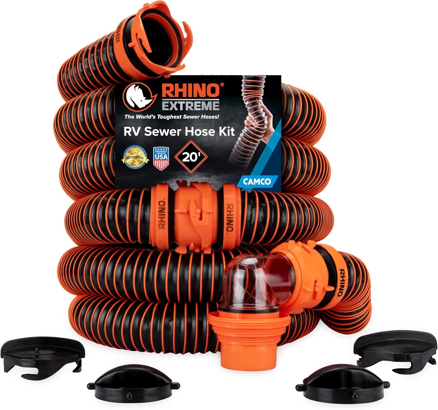 Camco RhinoEXTREME 20 ft RV Sewer Hose Kit, Pre-Assembled, 4-in-1 Dump Station Adapter, Crush and Abrasion Resistant (21012)