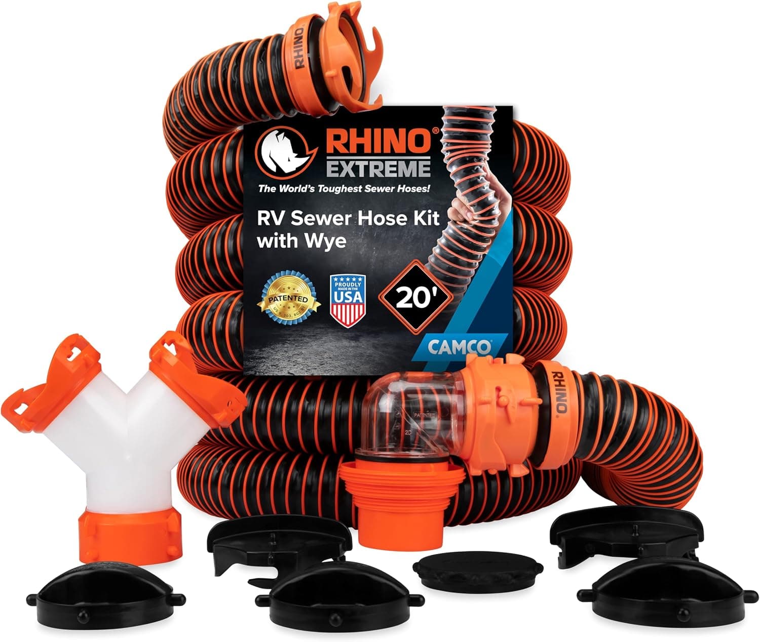 Camco RhinoEXTREME 20 ft Camper/RV Sewer Hose, 360 Clear Swivel Wye Fitting and Removable 4-in-1 Adapter (21056)