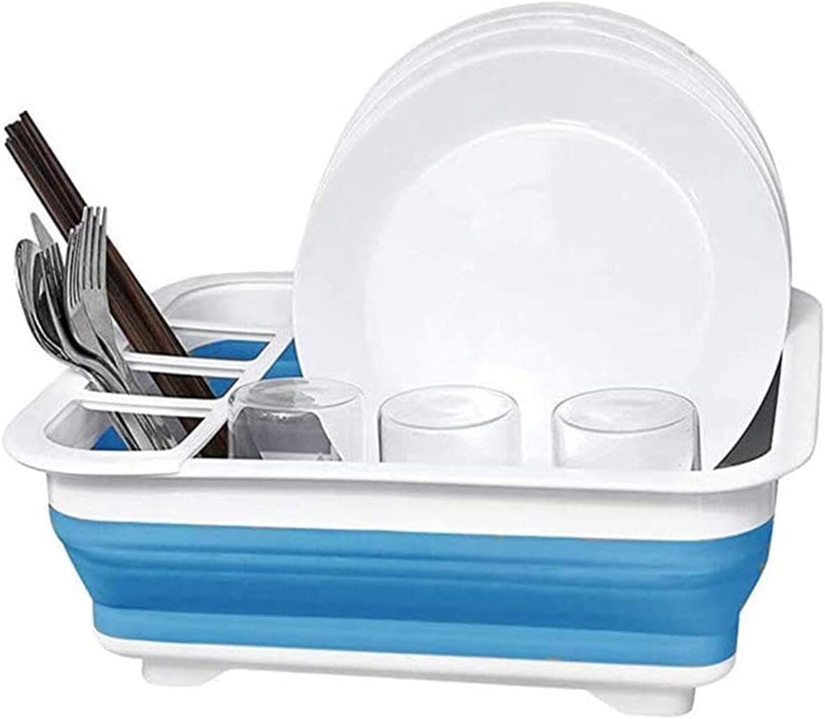 Collapsible Dish Drying Rack with Drainer Board Set, Portable Drainers for Small Kitchen Camper RV Caravan Travel Trailer, Blue