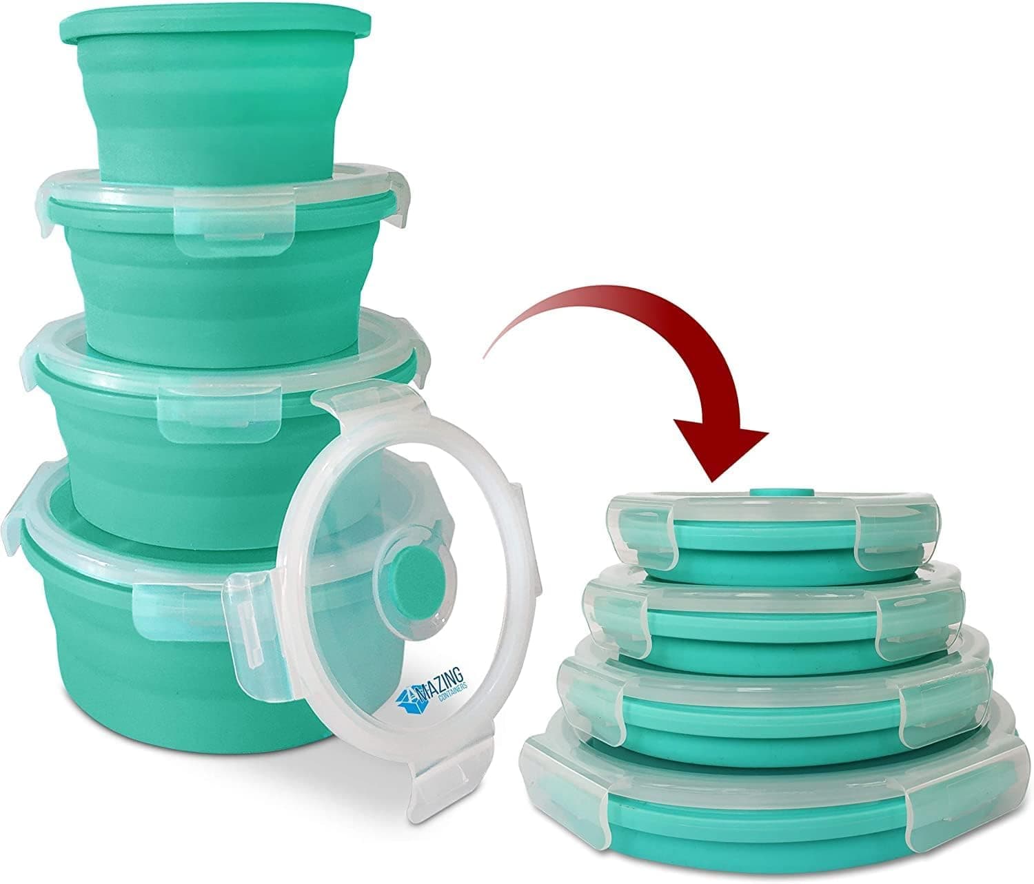 Set of 4 Silicone Collapsible Food Storage Containers with Lids, Collapsible Bowls for Camping RV Storage, BPA Free, Microwavable, Freezer, Dishwasher Safe