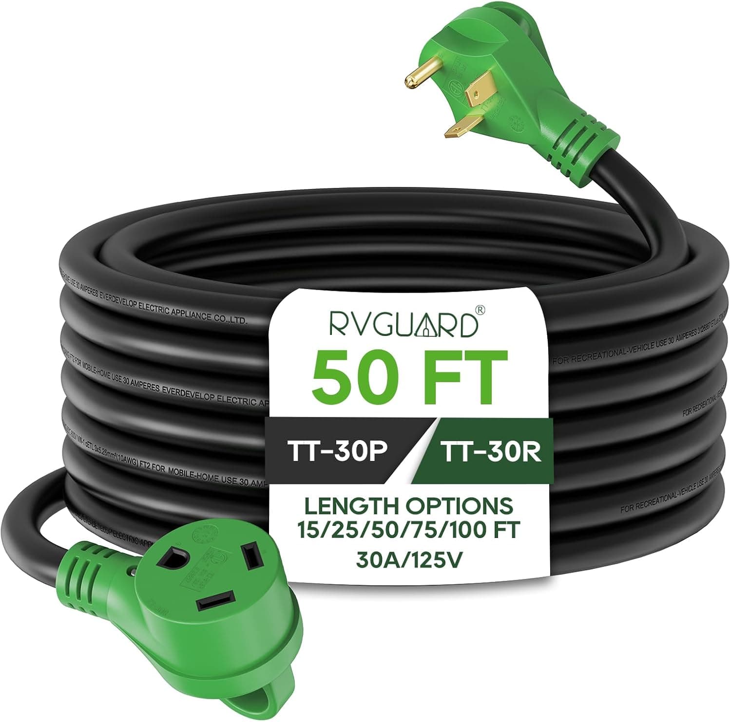 RVGUARD 30 Amp 50 Foot RV Extension Cord, 10/3 Gauge STW with LED Indicator, TT-30P/R Standard Plug, Green, ETL Listed