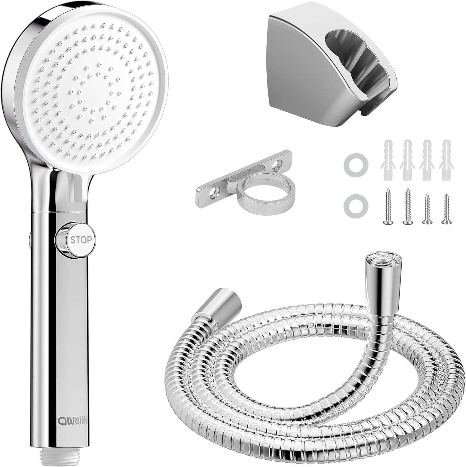 RV Shower Head with Hose, High Pressure with Handheld On Off Switch, for Trailer, Motorhome and Boat, Chrome and White