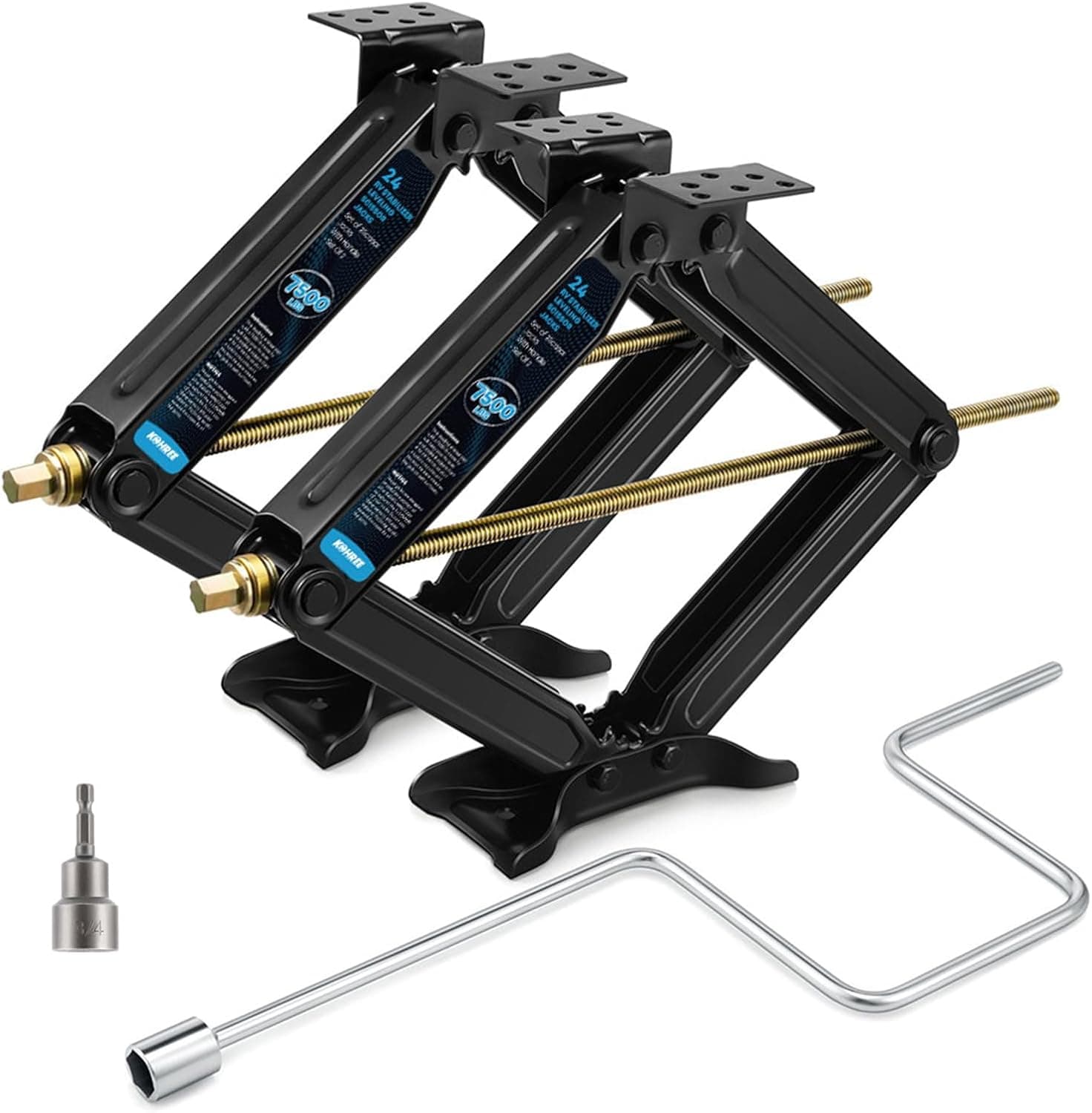 Kohree 7500lbs RV Stabilizer Leveling Scissor Jacks 24" for Travel Trailer Camper, Set of 2, Heavy Duty Kit with Crank Handle and Drill Bit, Black