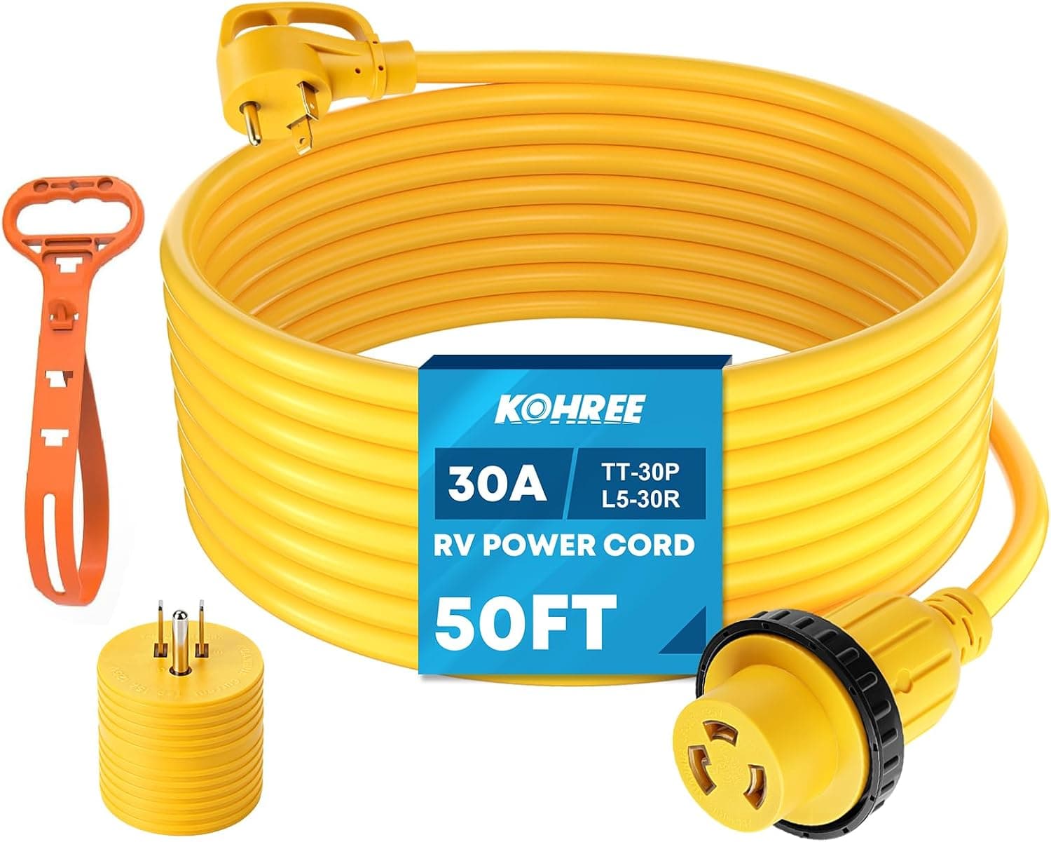 Kohree 30 Amp RV Power Extension Cord 50 ft with Grip Handle, 90 Degree Locking Adapter, ETL Listed