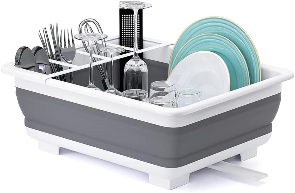 THANSTAR Collapsible Dish Drying Rack, Portable Dinnerware Drainer Organizer for Kitchen RV Campers Travel Trailer, Space Saving Storage Tray