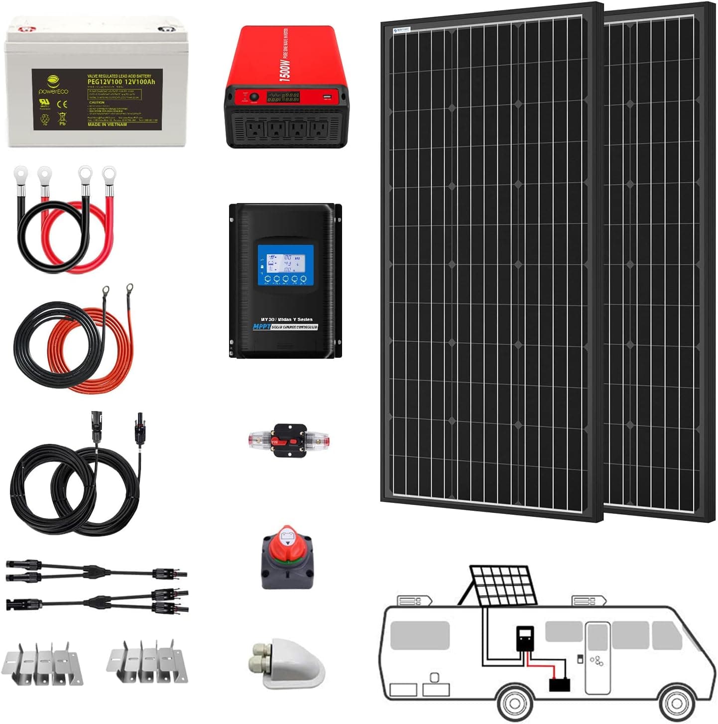 PowerECO 200 Watt (2pcs 100W Mono) Solar Panel Kit + 1500 Watt Power Inverter + Gel Battery Bank for RV, Boat, Cabin