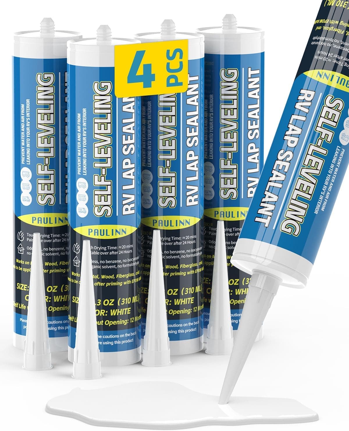 PAULINN Self Leveling Lap Sealant White, RV Roof Sealant for Camper Repair, RV Caulking, Rubber Roof EPDM, Flexible, UV and Waterproof, No Smell, 4 Packs