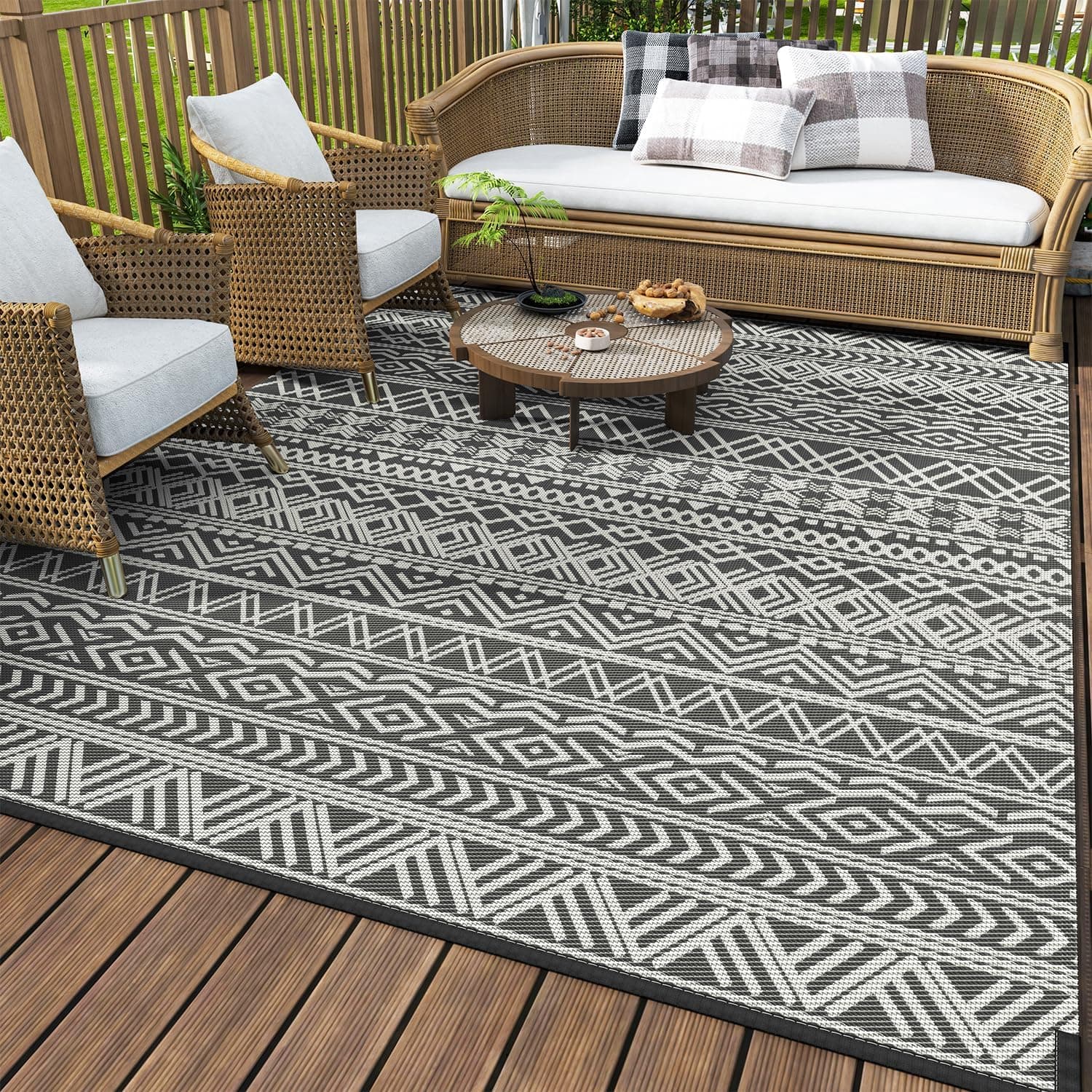 MontVoo Outdoor Rug Carpet Waterproof 5x8 Outdoor Patio Rug Mat Reversible Plastic Straw Outdoor Rug for RV Camping Picnic Beach Balcony Boho Grey