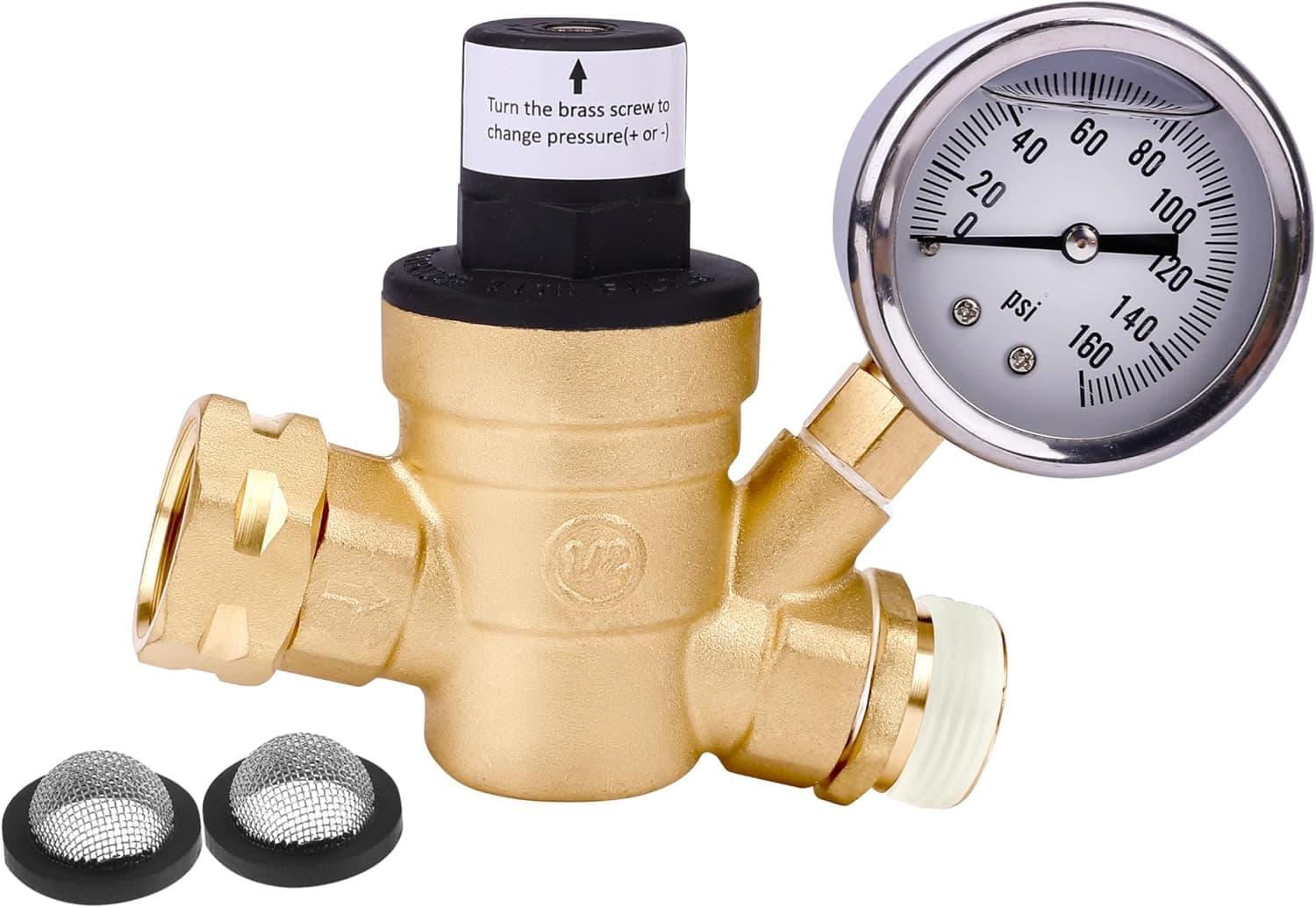 RV Water Pressure Regulator with Gauge Adjustable 3/4 inch Water Hose Valve for RV Camper, Trucks, Trailer
