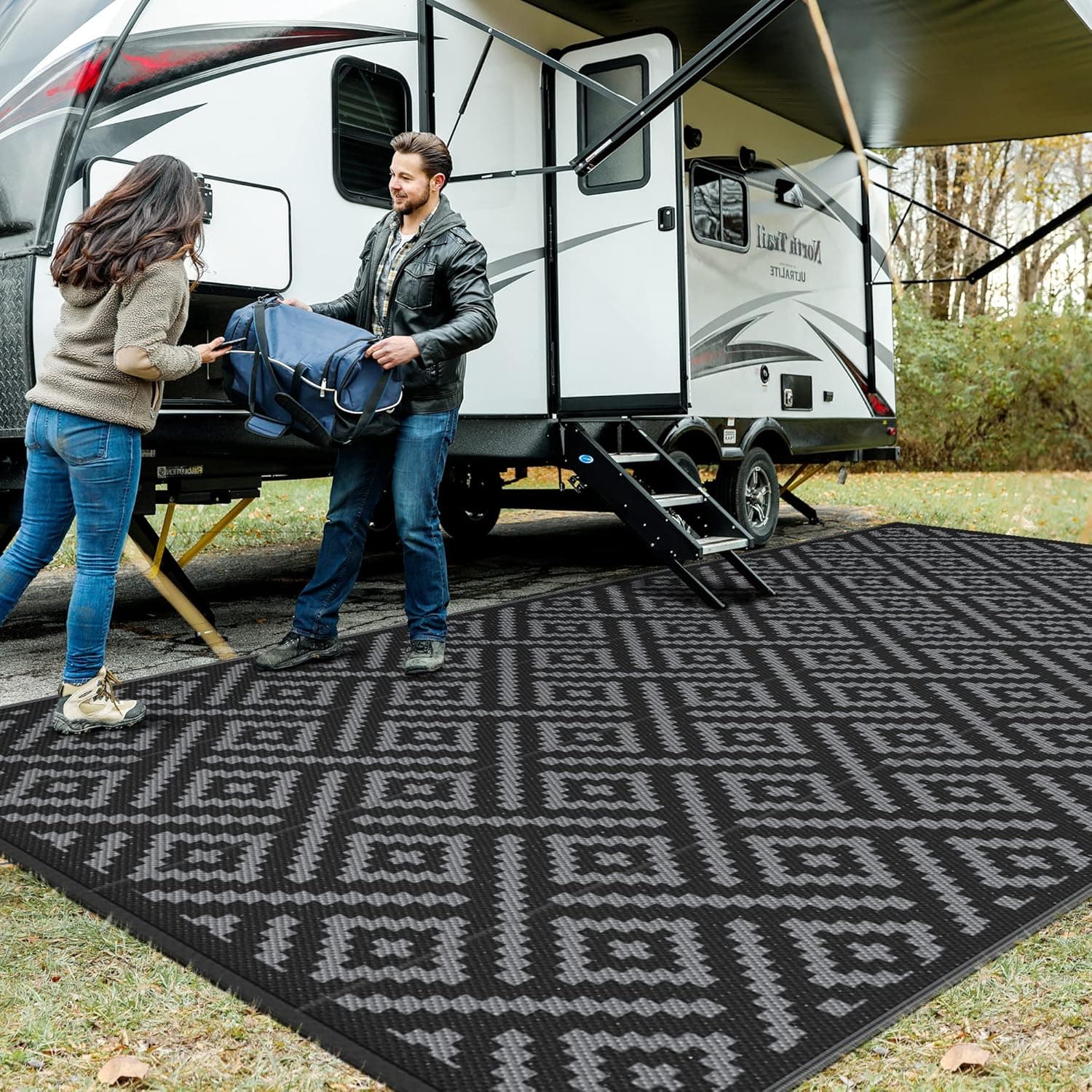 GENIMO Outdoor Rug for Patio Clearance, 9'x18' Waterproof Mat, Reversible Plastic Camping Rugs, RV, Porch, Deck, Camper, Balcony, Backyard, Black and Gray