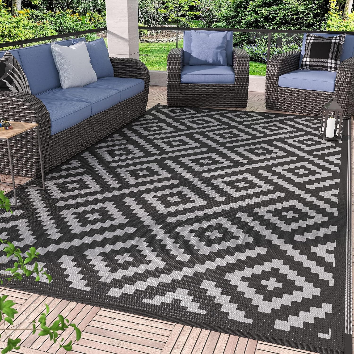 GENIMO Outdoor Rug for Patio Clearance, 5'x8' Waterproof Mat, Reversible Plastic Camping Rugs, RV, Porch, Deck, Camper, Balcony, Backyard, Black and Gray
