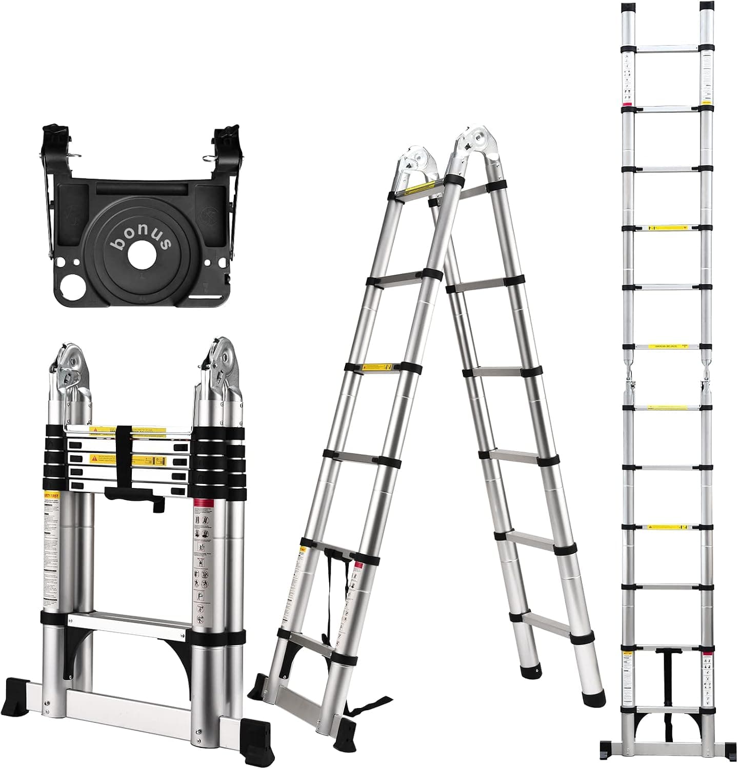 Telescoping Ladder A Frame, 12.5 Ft Compact Aluminum Extension Ladder, Portable Telescopic RV Ladder, 330 lb Capacity
