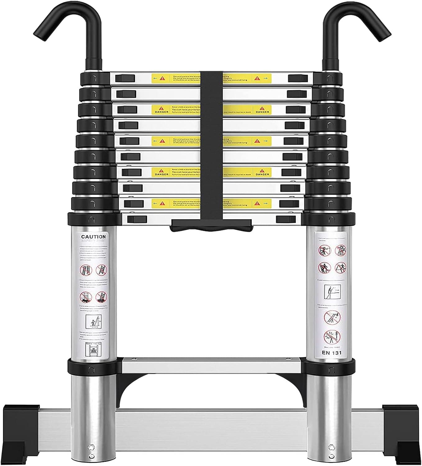 Telescoping Ladder with Hooks 8.5 FT, Aluminum Telescopic Ladder with Stabilizer, EN131 Certified, 330lbs Max