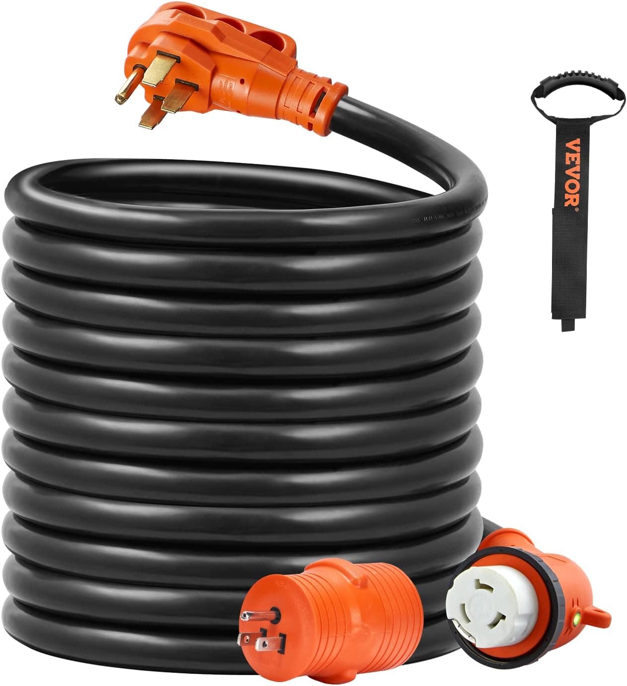 VEVOR 30FT 50 Amp RV Extension Cord, 6/3+8/1 AWG Copper STW, NEMA 14-50P to SS2-50R with LED Indicator, ETL Listed