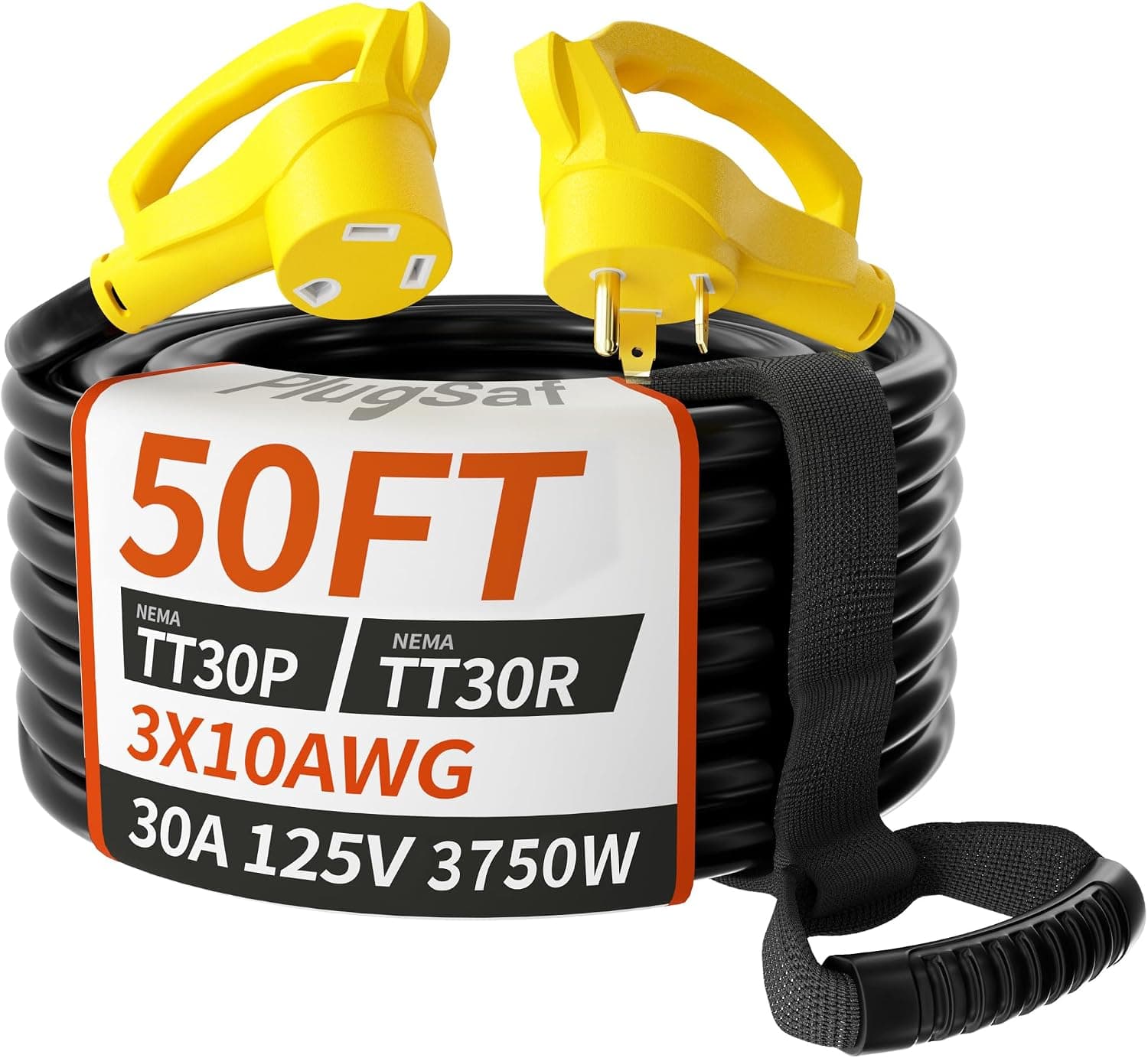 PlugSaf 50 FT 30 Amp RV Extension Cord Outdoor with Grip Handle, 10/3 Gauge STW, NEMA TT-30P to TT-30R, ETL Listed