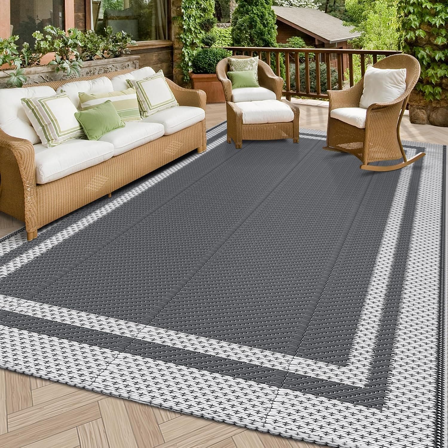 HappyTrends Outdoor Rug Reversible Portable Plastic Straw Camping Rugs for Outside RV, Large Waterproof Outdoor Area Rugs for Patio, Deck, Porch, Balcony (5'x8', White and Gray)