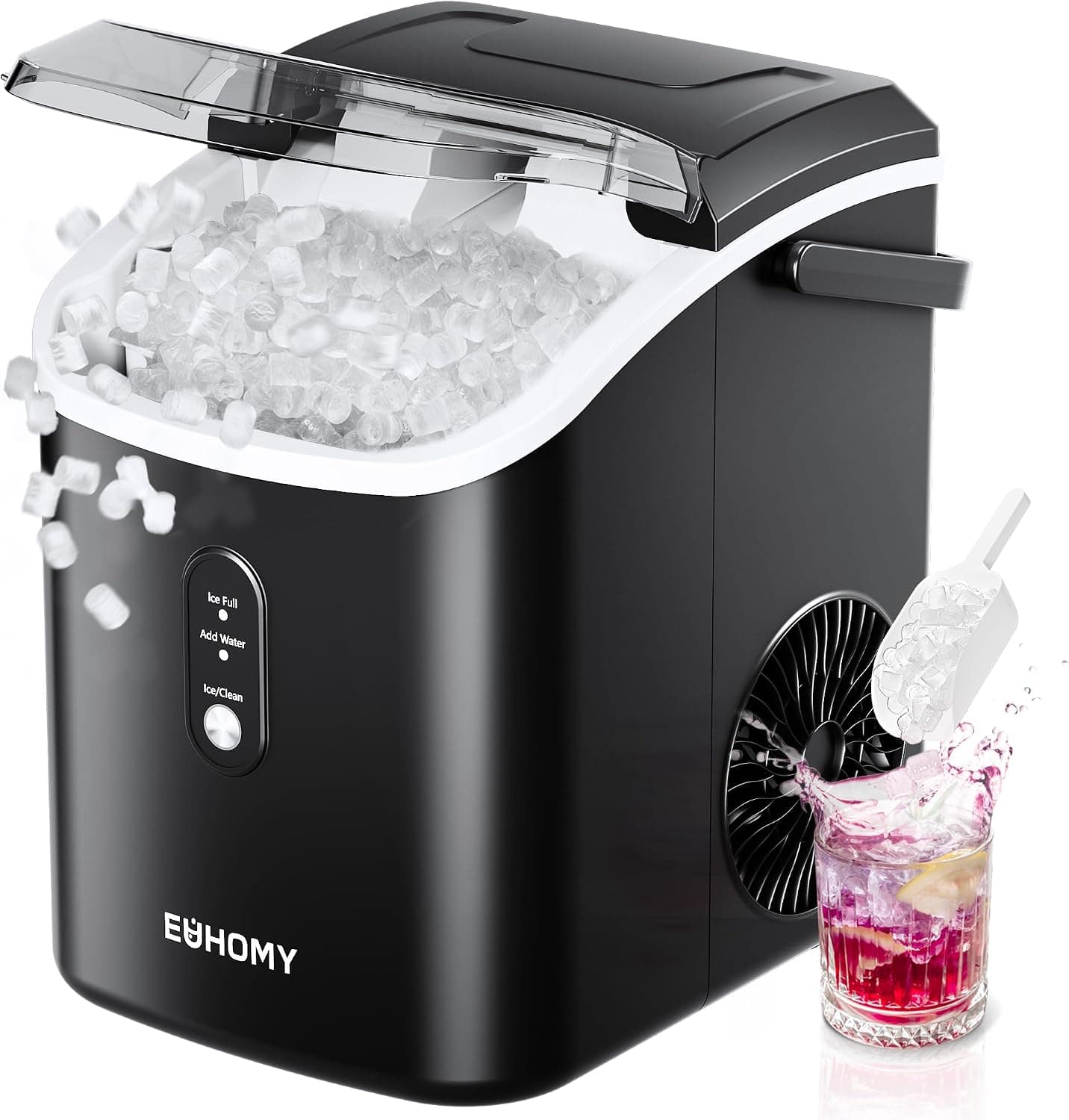 EUHOMY Nugget Ice Maker Countertop with Handle, Ready in 6 Mins, 34lbs Per Day, Auto-Cleaning Portable Sonic Ice Maker for Home/Party/RV/Camping, Black