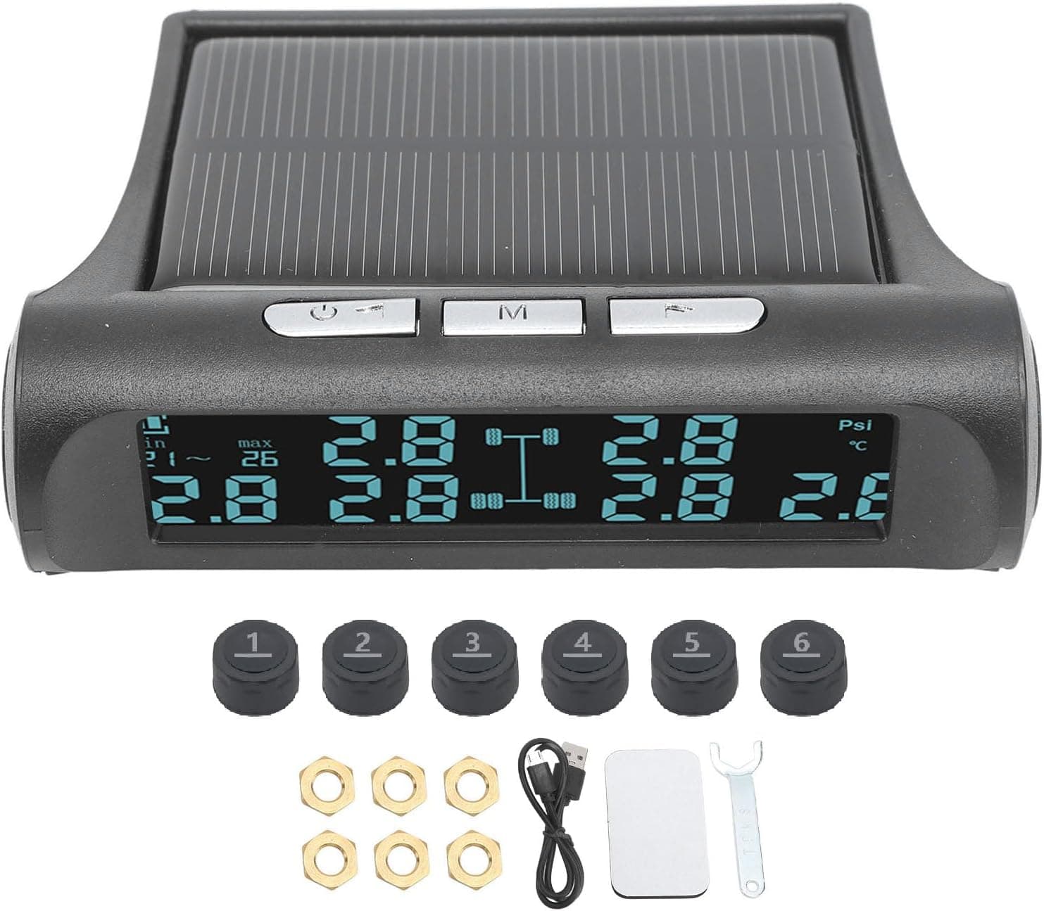 Tire Pressure Monitoring System, Large Screen RV Solar TPMS with 6 Tire Sensors, Real Time Monitor Alarm System for RV Trailer Truck Motorhome, 0-116PSI