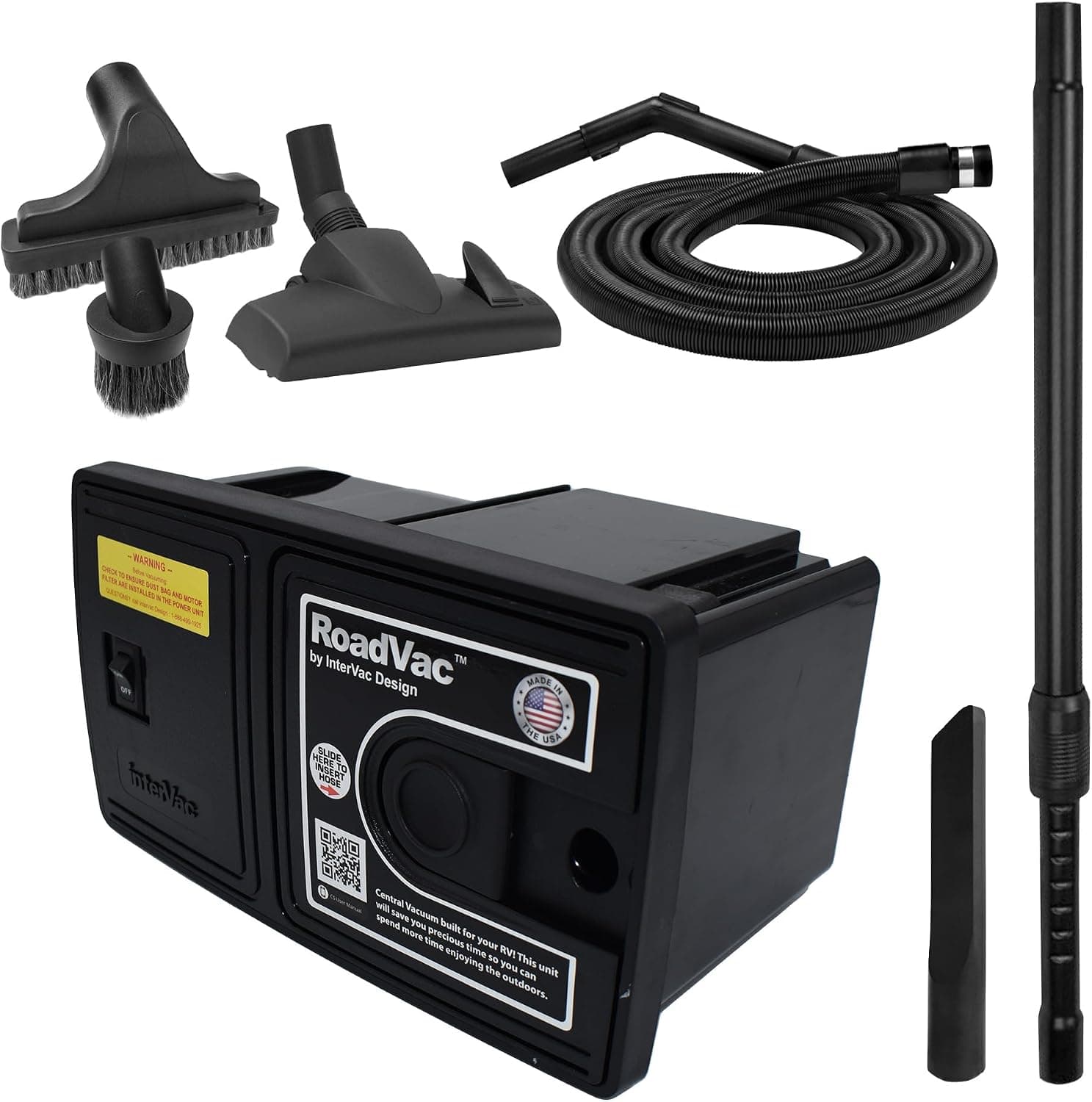 RoadVac Z1-CS-8-CORD RV Central Vacuum System, Wall-Mounted Built-in Vacuum for RVs, Boats & Tiny Homes with 35' Stretch Hose & Tool Kit