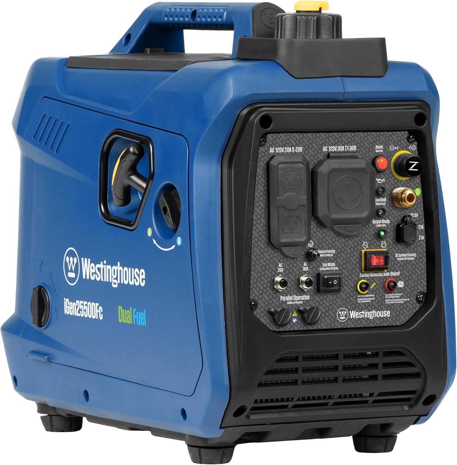 Westinghouse iGen2550DFc 2550 Peak Watt Super Quiet & Lightweight Portable Inverter Generator, RV Ready 30A Outlet, Gas and Propane Powered, CO Sensor, Parallel Capable