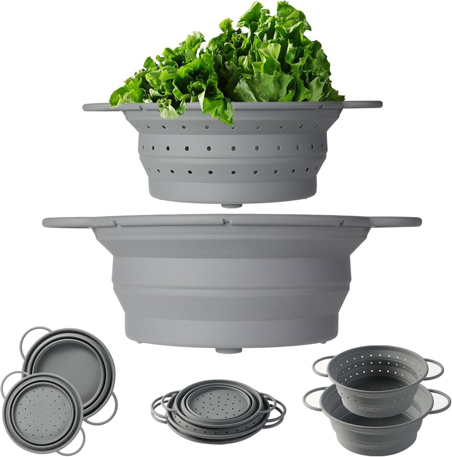 Silicone Collapsible Colander Set, 8-in Food Strainer and 9 inch Mixing Bowl 2-Pcs, Collapsible Bowls for Camping RV Essentials, Dishwasher Safe BPA Free