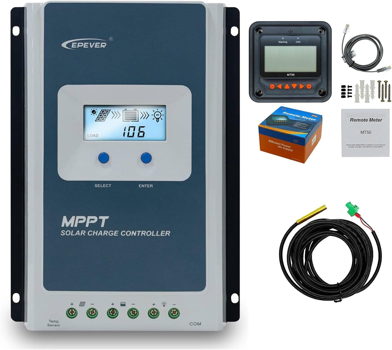 EPEVER 40A MPPT Solar Charge Controller 98% Efficiency with MT50 Remote Display 12V/24V Auto for RV Marine Off-Grid (Tracer4210AN)