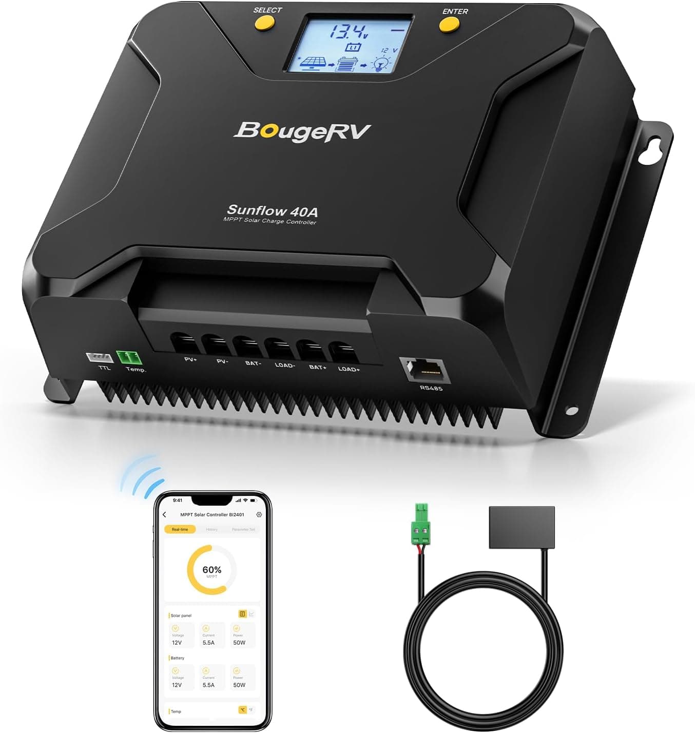 BougeRV MPPT Solar Charge Controller 40A with Low-Temp Cut-Off, APP Control, Backlit LCD, 40 Amp Regulator 12V/24V for LiFePO4 (Upgraded)