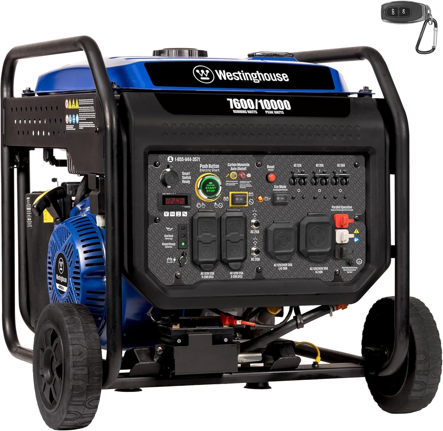 Westinghouse 10000 Peak Watt Portable Open Frame Inverter Generator, Remote Electric Start, Transfer Switch Ready, Gas Powered, CO Sensor