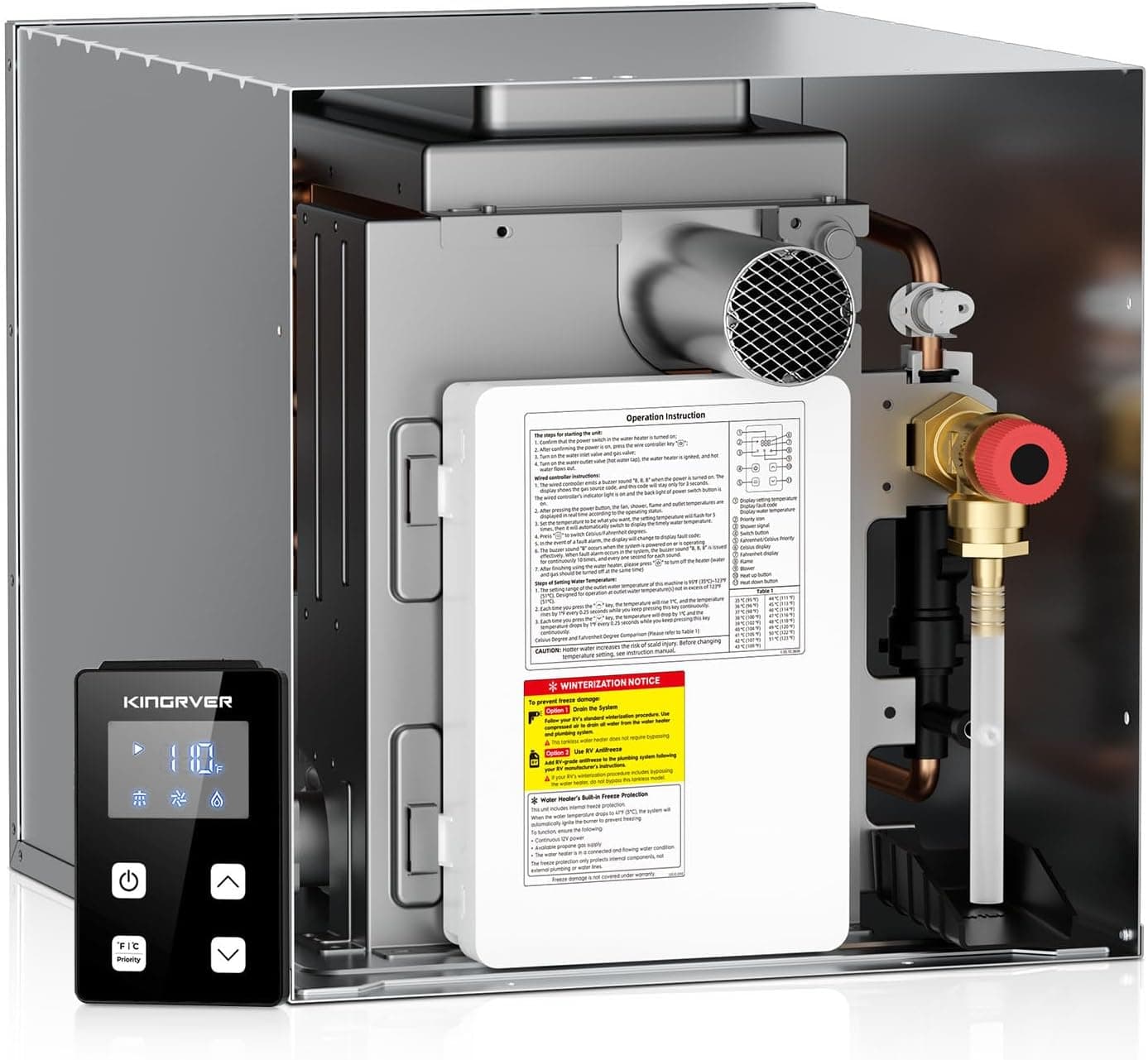 KINGRVER Tankless RV Water Heater 48,000 BTU, Instant On-Demand, 12V DC, Wired Remote Controller, High-Altitude Ready