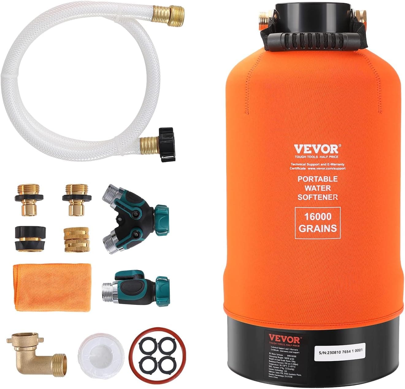 VEVOR RV Water Softener, 16,000 Grain Portable Water Softener with 3/4" Brass Fittings and 42" Hose